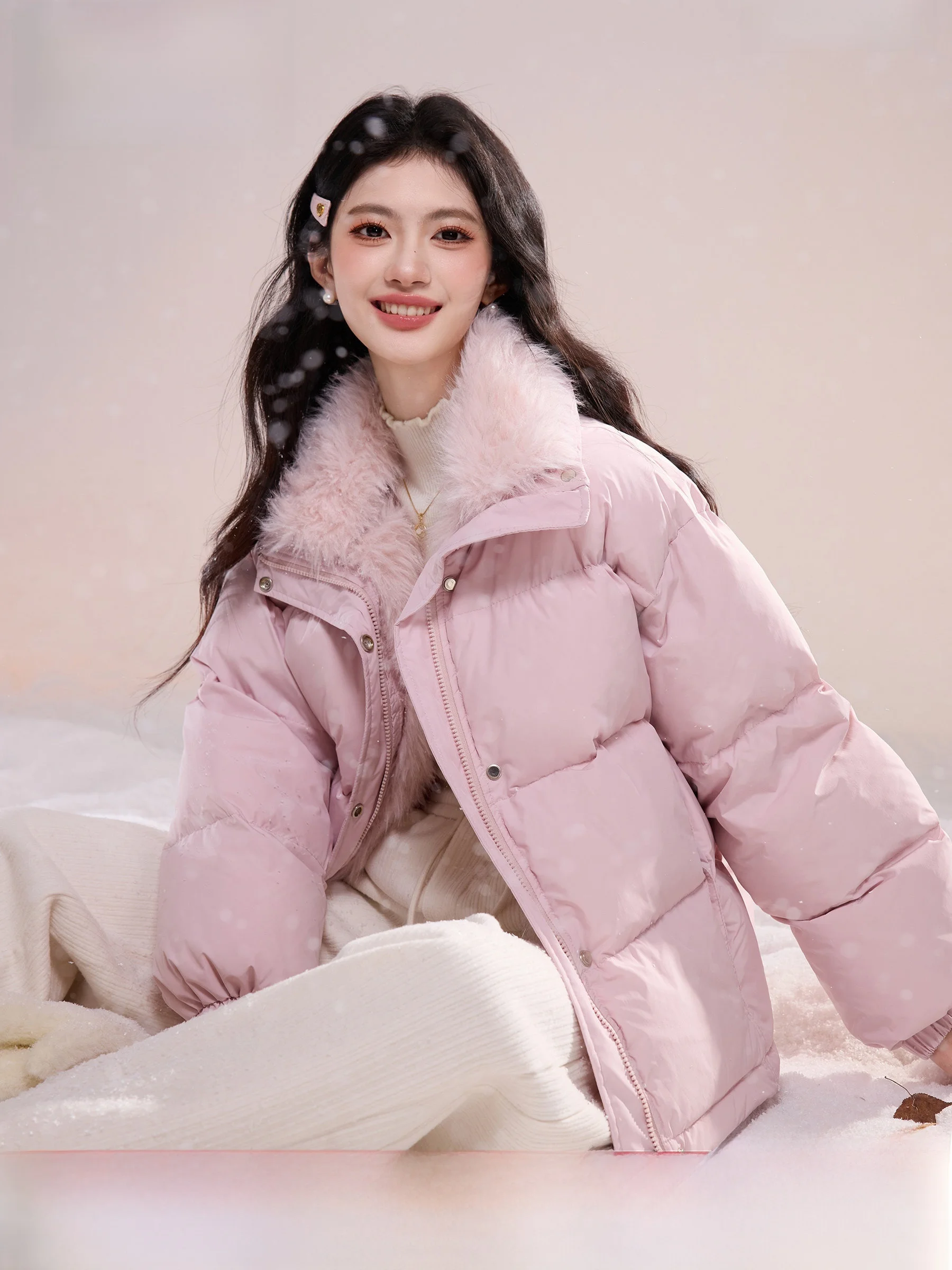 

Pink Hooded down Jacket Women's Short Parka Style Bread Design Warm Fluffy Coat Sweet Style Loose Fit Winter Outerwear