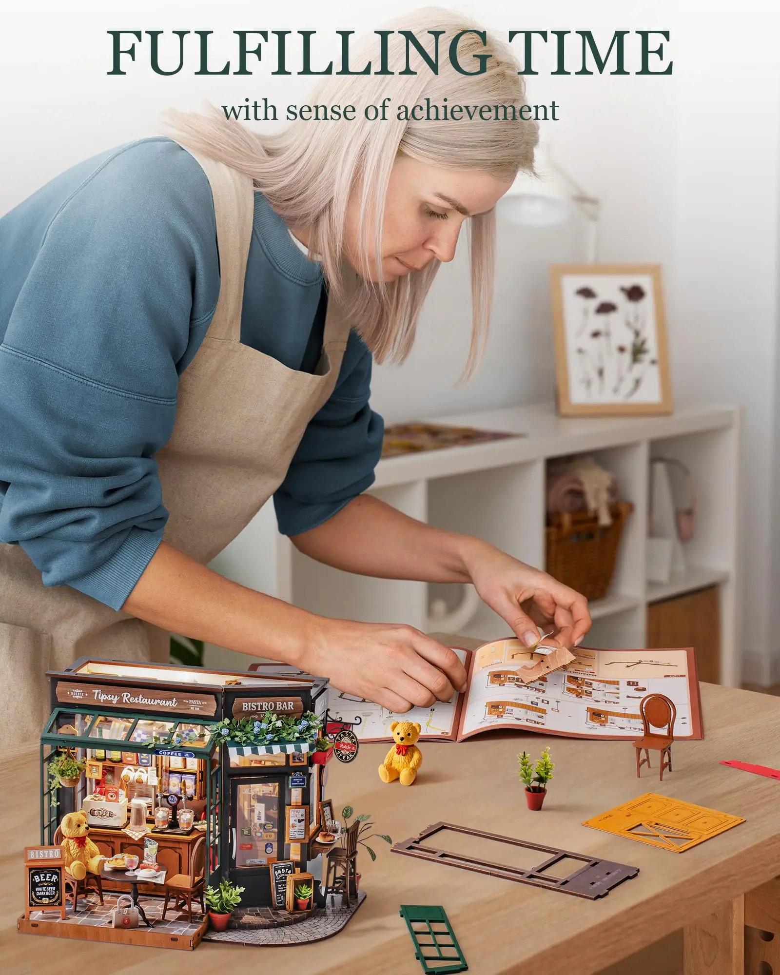 Robotime Rolife Tipsy Restaurant Miniature Dollhouse 3D Wooden Puzzle Bistro Bar Design Gifts for Family Home Decoration Toys