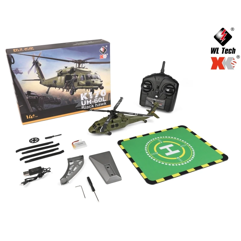 Wltoys K170 helikopter zdalnie sterowany UH-60L 4-kanałowe bezszczotkowe helikoptery z żyroskopem i światłem LED trwały samolot zabawka prezent