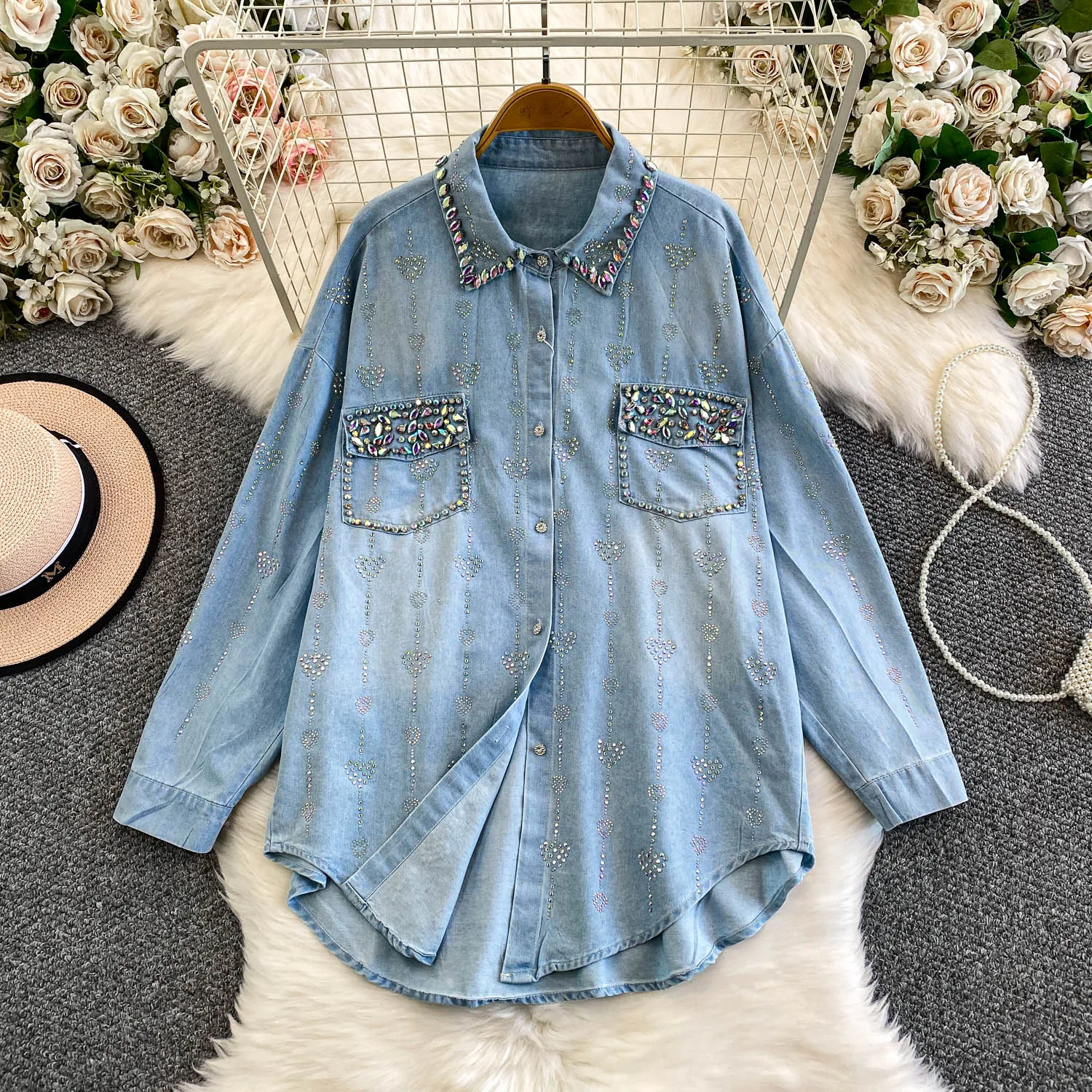 

SuperAen Fashion Design Diamond Polo Collar Denim Jackets Women's Autumn New Korean Style Single-breasted Loose Casual Shirts