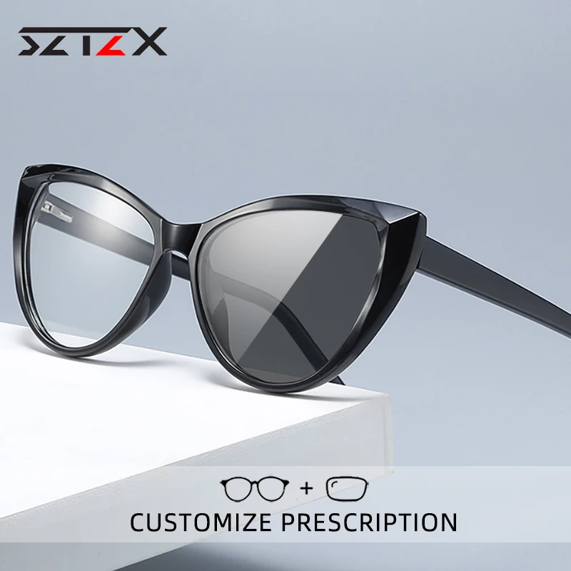 SZTZX Fashion Cat Eye Photochromic Reading Glasses For Women Anti Blue Light Myopia Glasses Prescription Optical Eyeglasses