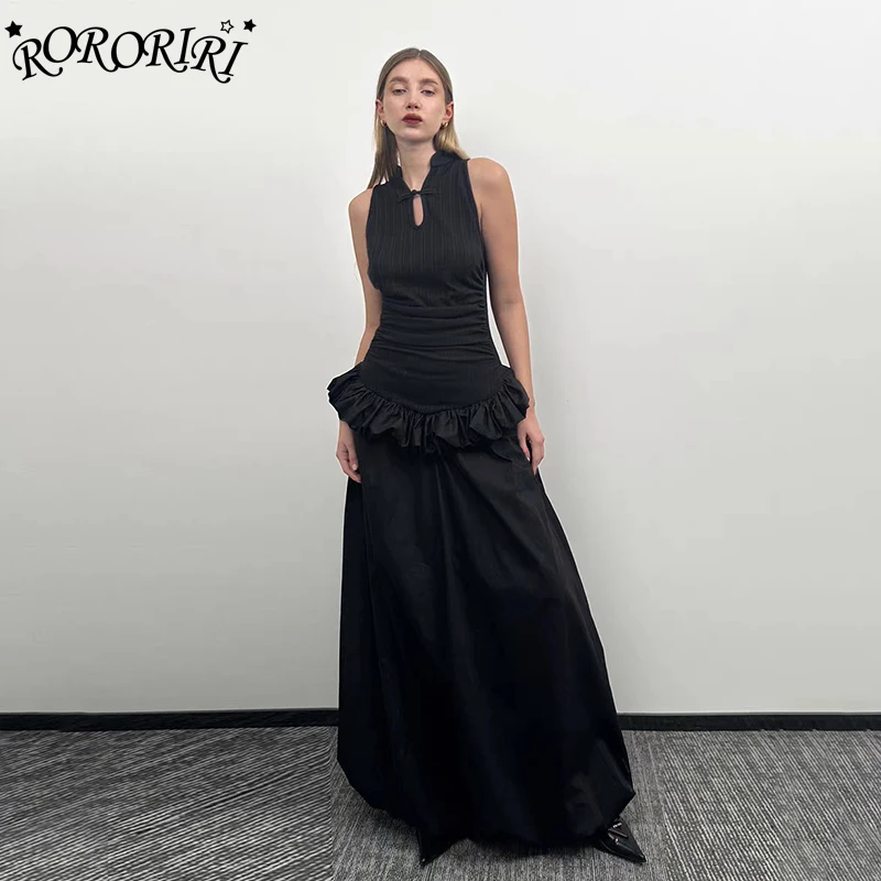 RORORIRI ネオ中国女性カットアウトタンクロングドレスノースリーブスリムストレッチリブニットスプライシングふわふわマキシドレス Grayu レトロ服
