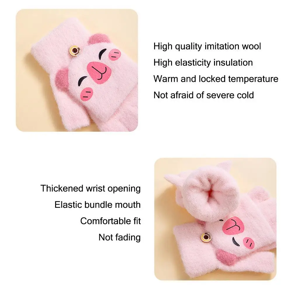 Capybara Kids Winter Gloves Thickened Mink Fleece Student Half-Finger Flip Gloves Cartoon Warm Knitted Mittens for Boys Girls