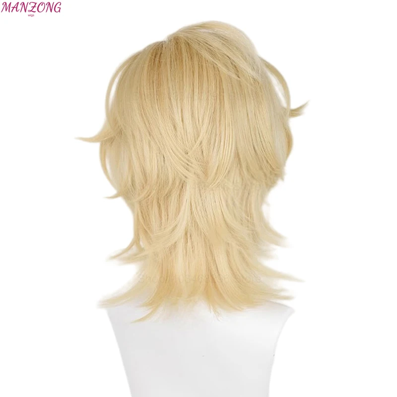 HSR Aventurine Wig Cosplay 40cm, Wig sintetis tahan panas rambut emas terang + topi Wig