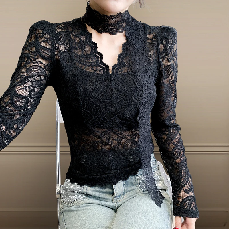 

New,Spring,Korean,Style,Thin,T-Shirt,Chic,Sexy,Halter,V-Neck,Lace,Hollow Out,Women,Tops,Long Sleeve,Bottoming Shirt,Tees,59203