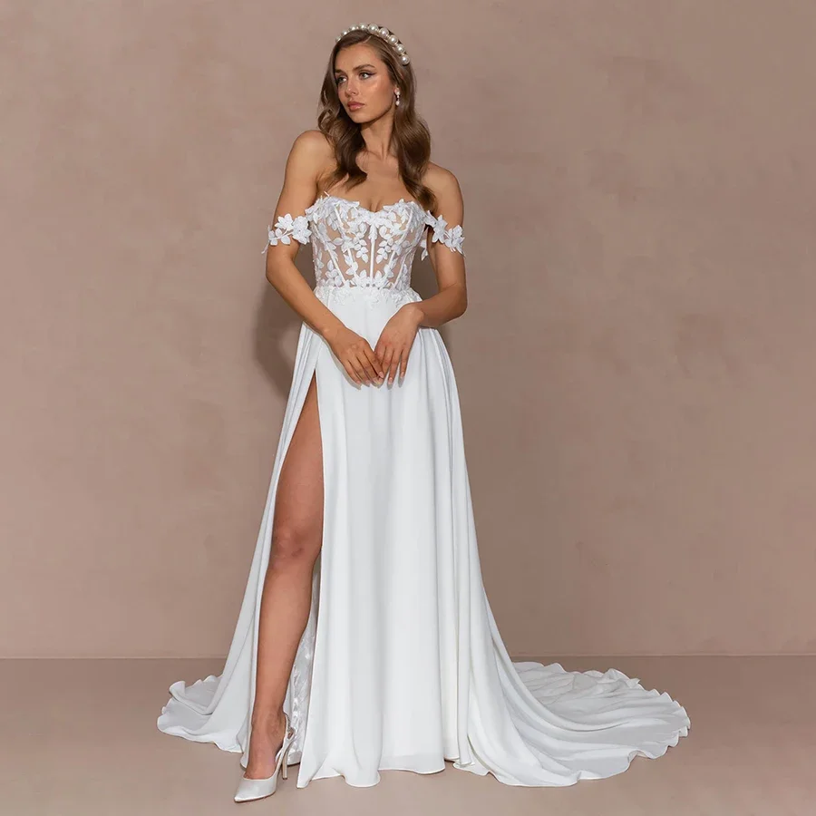 

Sexy Off Shoulder Lace Applique Illusion Bride Gown Sweetheart Neck Backless A-line High Slit Wedding Dresses for Women