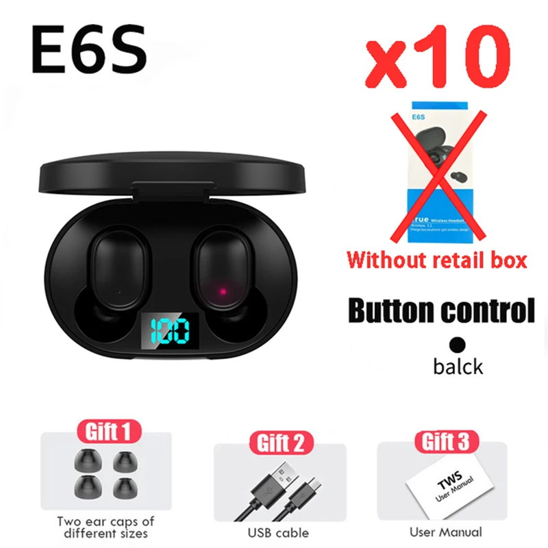 Choice 10pcs Wholesale TWS E6S Wireless Headphones Bluetooth Earphone Stereo Headset Earbuds with Microphone for Iphone Xiaomi