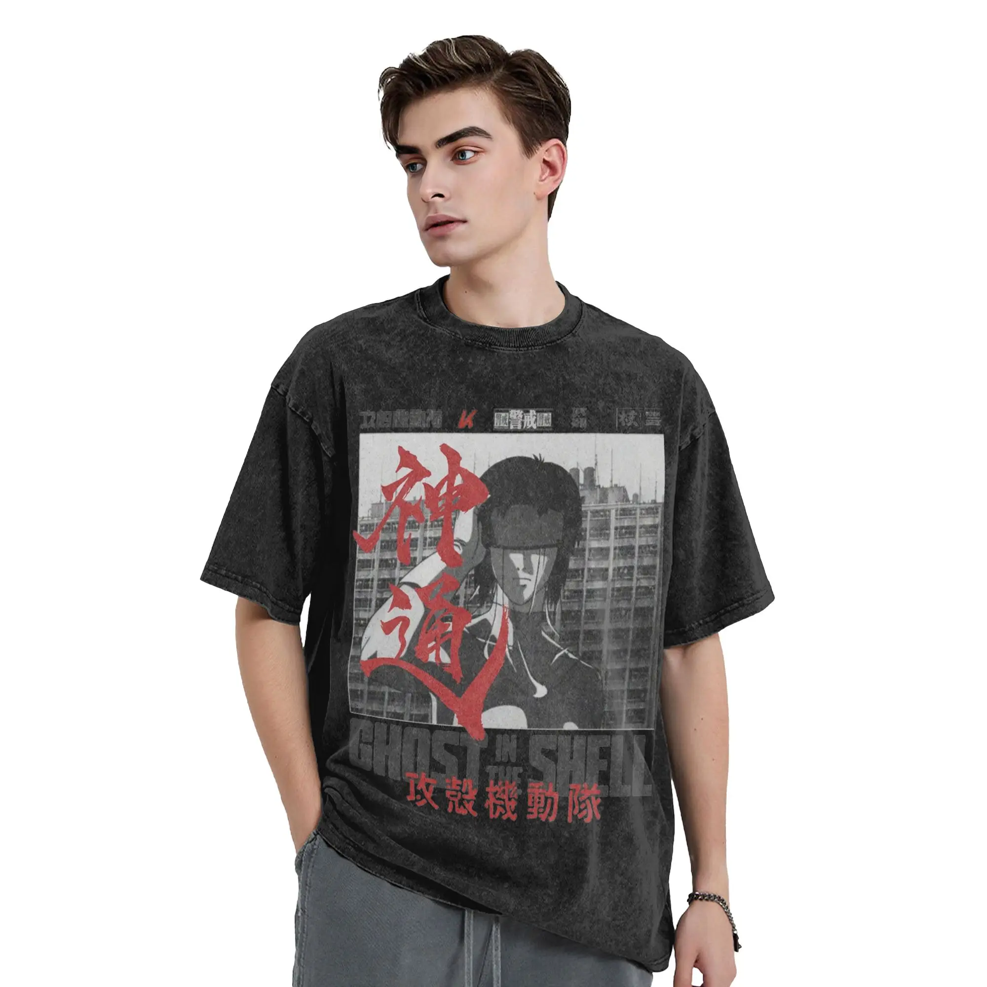 Vintage Ghost in the Shell Major Motoko Kusanagi Vintage Washed T-Shirt Unisex Cotton Short Sleeve  O-neck Summer Tops Shirts