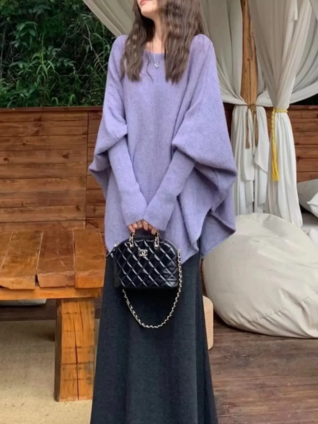 パープルニットカウルネックセーターコートカジュアル秋新作スリーブソフトレイジートップ万能カバーアップアウターウェア女性用