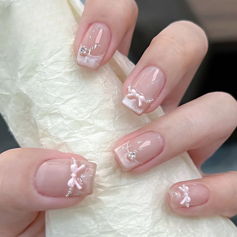 Set de 24 uñas postizas con brillantina y diamantes, color rosa empolvado, efecto ojo de gato, dulces y lindas, cortas cuadradas 6