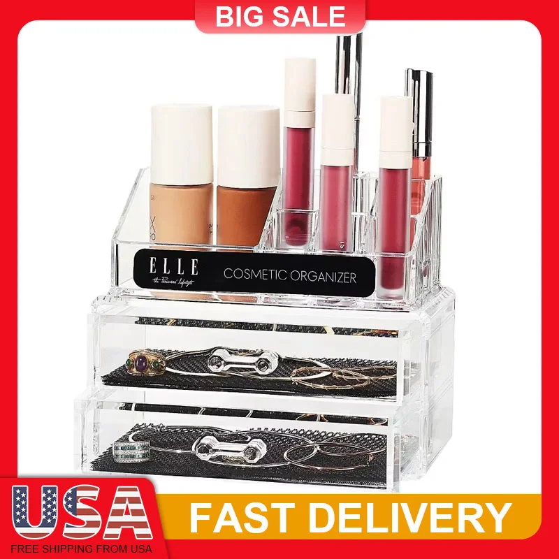 

2 Drawer 3 Tier Acrylic Makeup Organizer Clear Cosmetic Storage for Brushes Skincare Lipsticks Vanity Tray with Compartments