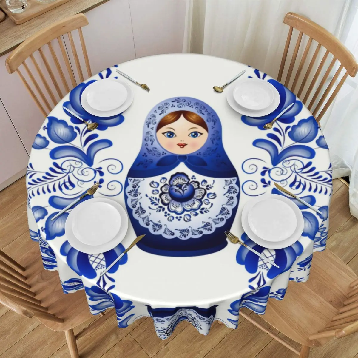 Matryoshka Doll Russia Tablecloth Round Oilproof Russian Folk Art Table Cloth Cover for Party 60 inches