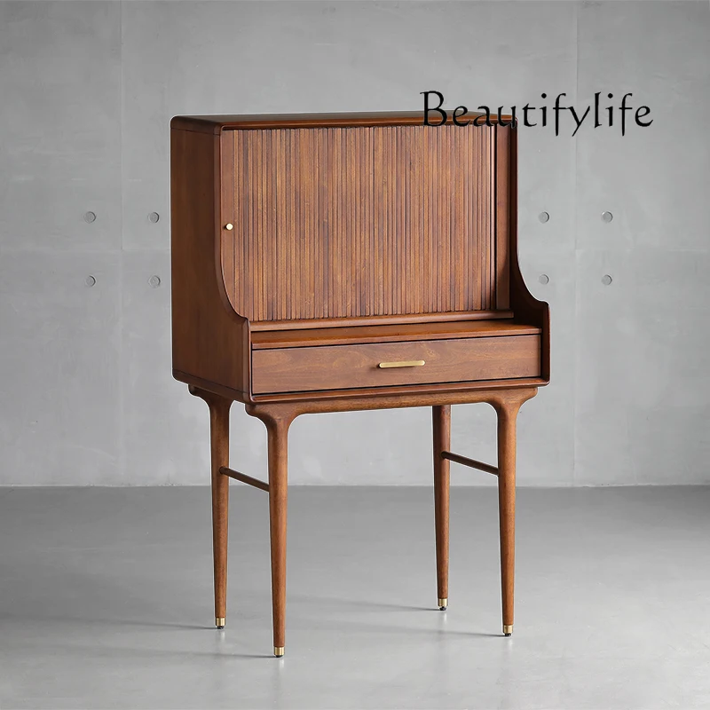 Nordic Ancient Style Solid Wood Design Organ Shutter Cosmetic Mirror Dressing Table Walnut Color