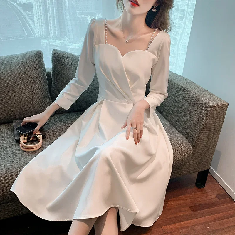 

French Elegant Hepburn Style Square Neck Black Midi Dresses for Women 2023 Summer New Slim Long Sleeves Party Female Clothes