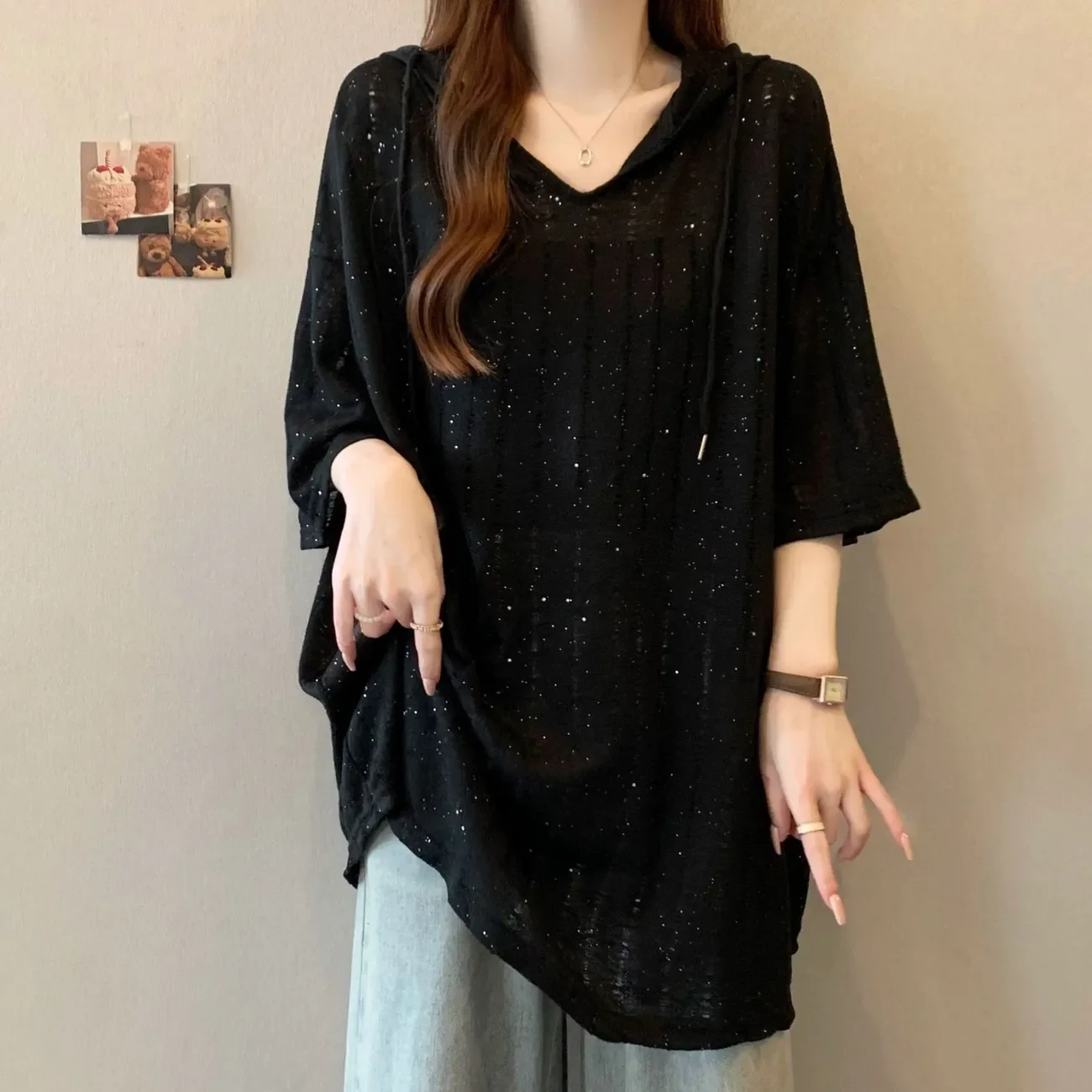 Black Hooded Batwing Sleeve Loose T Shirt with Polka Dot Sparkle Detail Summer Casual Top for Women