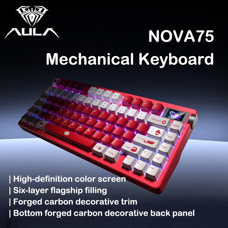 AULA NOVA75 75% Tri-Mode Mechanical Keyboard with TFT Screen Carbon Fiber Gasket Hot Swap RGB PBT Keycaps for PC/Mac Gaming
