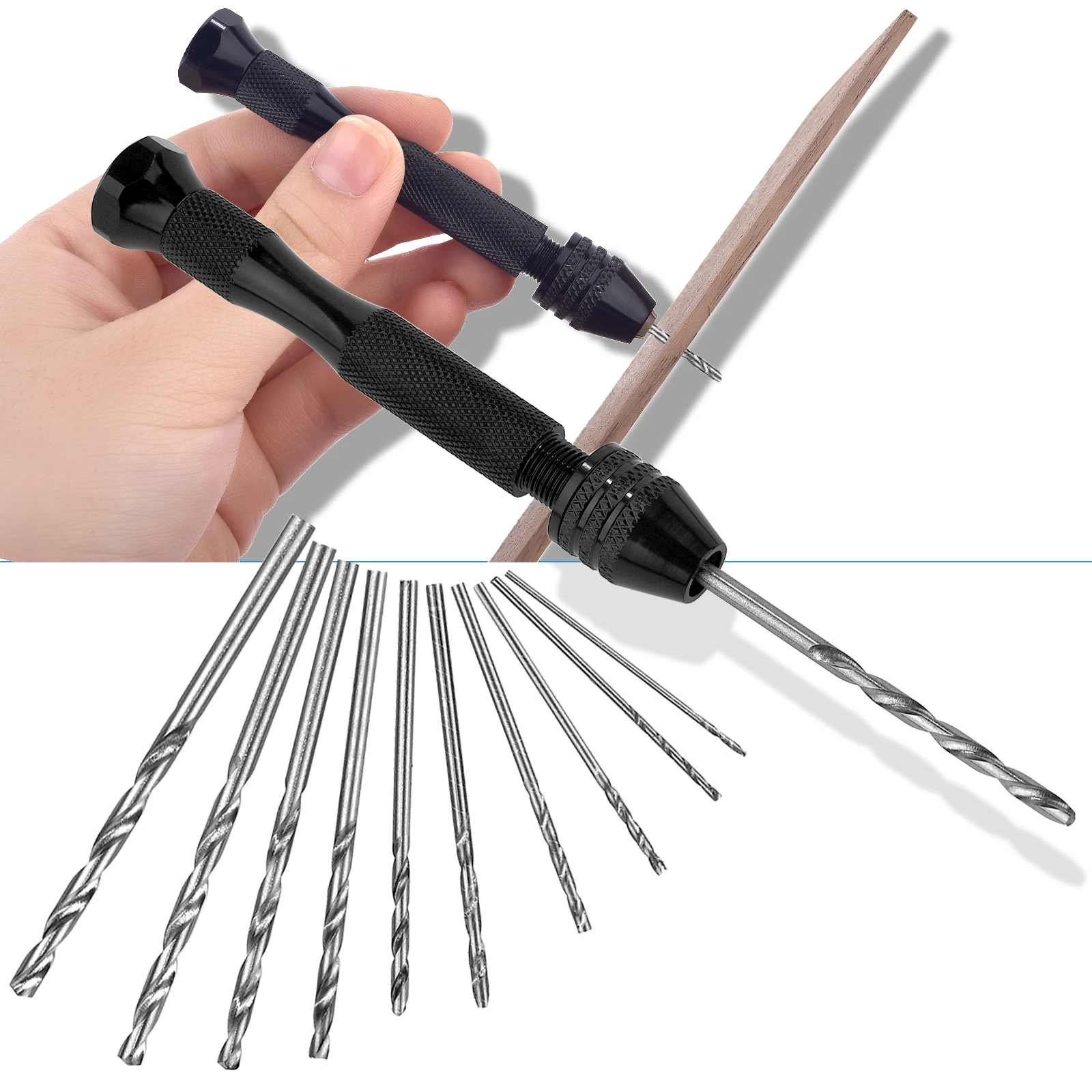 Mini Tool Set With Black Hand Twist Drill 10Pcs Fried Dough Twists Drill For Woodworking Drilling Rotary Wood Holes Tools