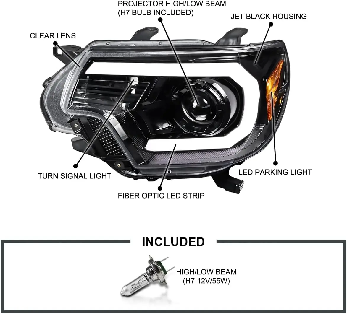 Sulinso LED Light Bar Jet Black Housing Clear lens Projector Headlights Compatible with 2012-2015 Toyota Tacoma Left + Right