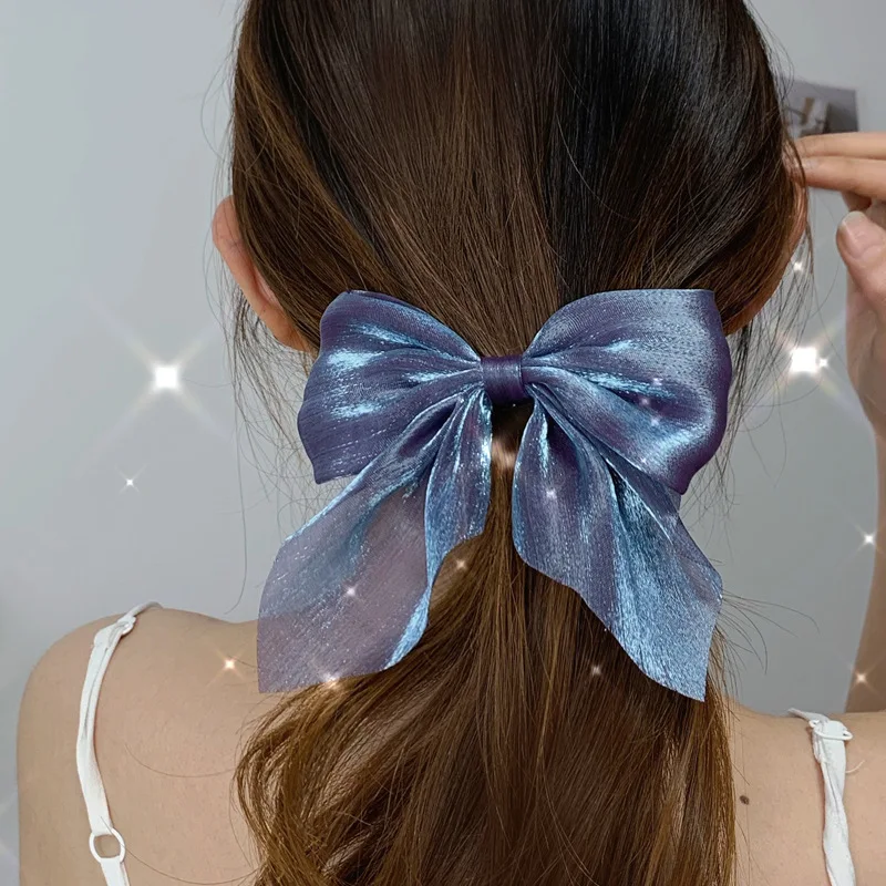 New Large Bow Hairpin Women Elegant Bowknot Stain Barrettes Mesh Sheer Satin Hair Clip Solid Ponytail Clip Hair Accessories