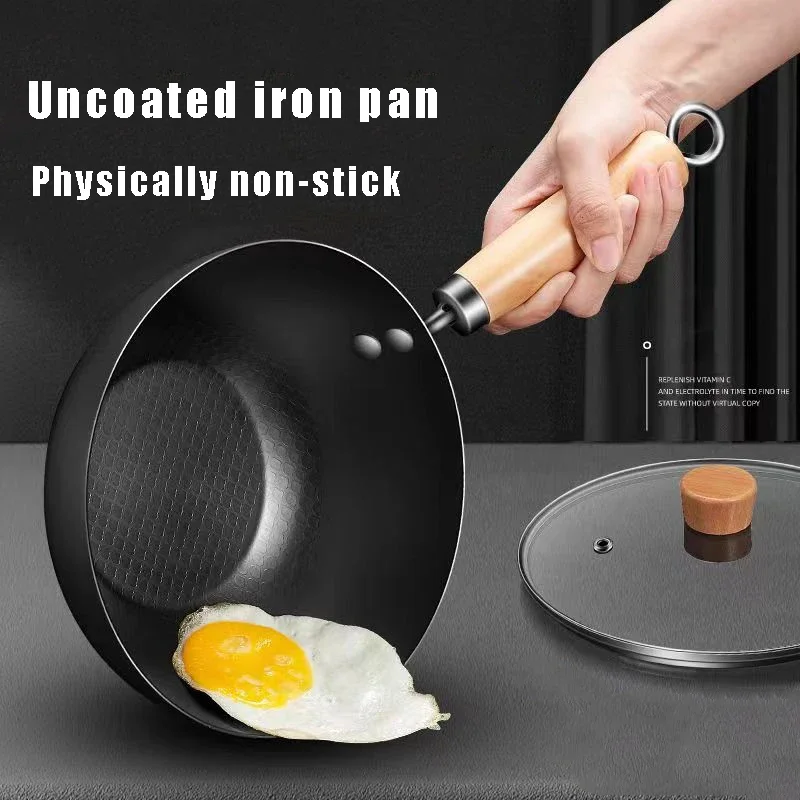 Iron Wok Uncoated Traditional 24cm Carbon Steel Wok Non-stick Pan Woks and Stir Fry Pans with lid Kitchen Cookwar for All Stoves