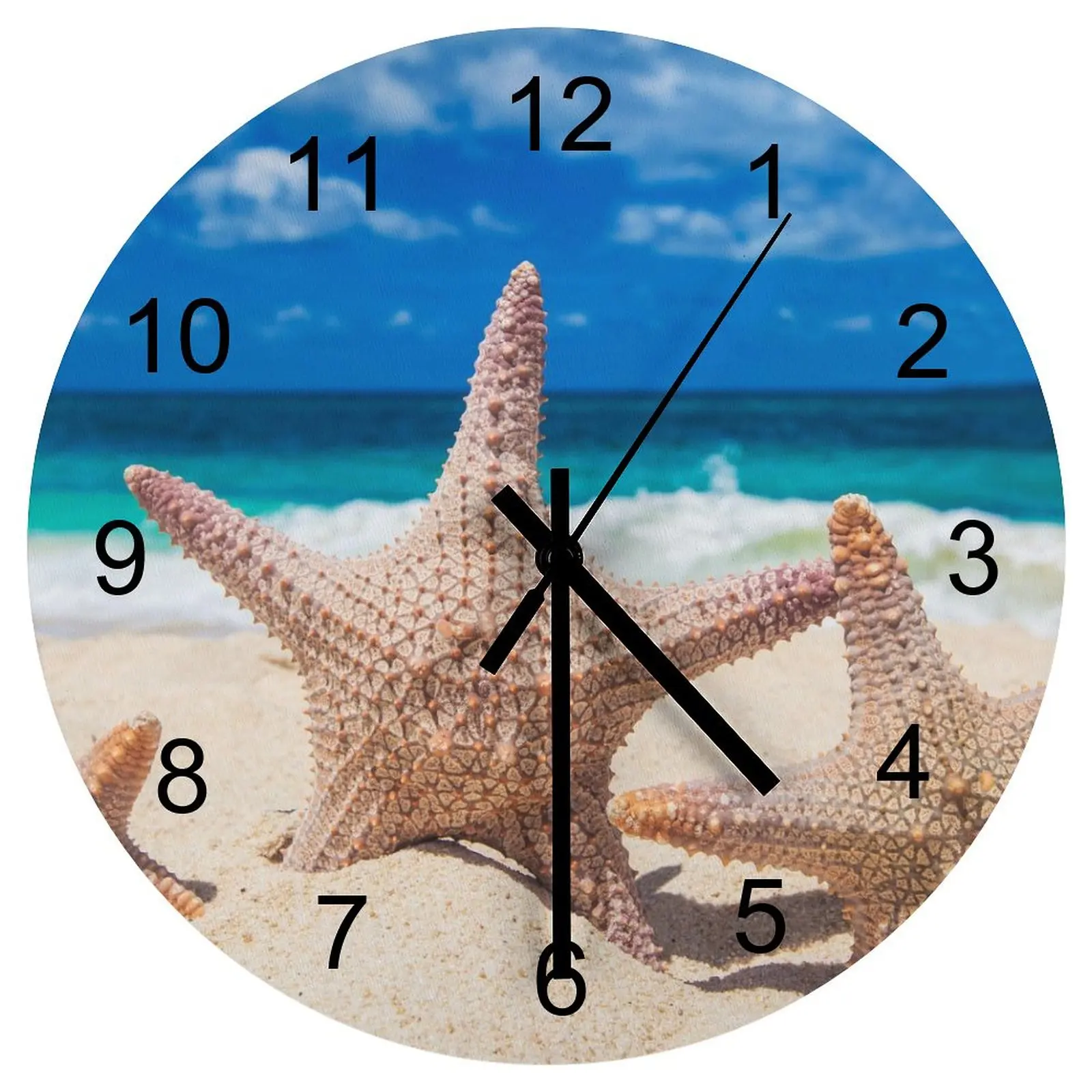 

Hallway Wall Clock Beach Starfish Sea star Clocks 12 inch Mute Wood Round Durable Novelty Home Decor