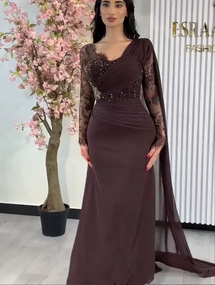 

Brown Mermaid Evening Formal Dresses with Ribbon Long Sleeve Lace Chiffon Beaded Arabian Prom Party Gown Pastrol Unis customsiz