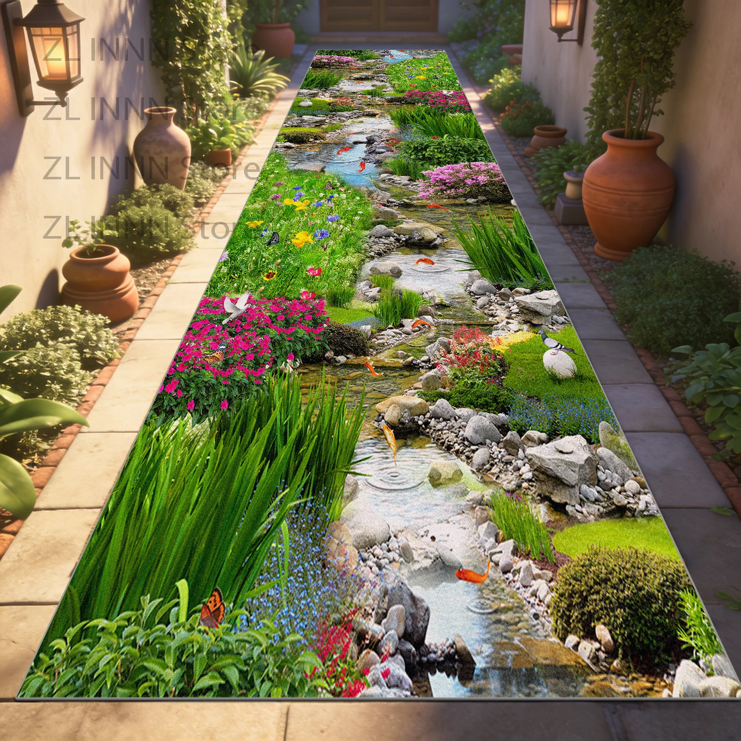 3D Optical Illusion Long Runner Rugs Decor Garden Passageway Non-slip Foot Mat Home Living Room Corridor Carpet Track Outdoor
