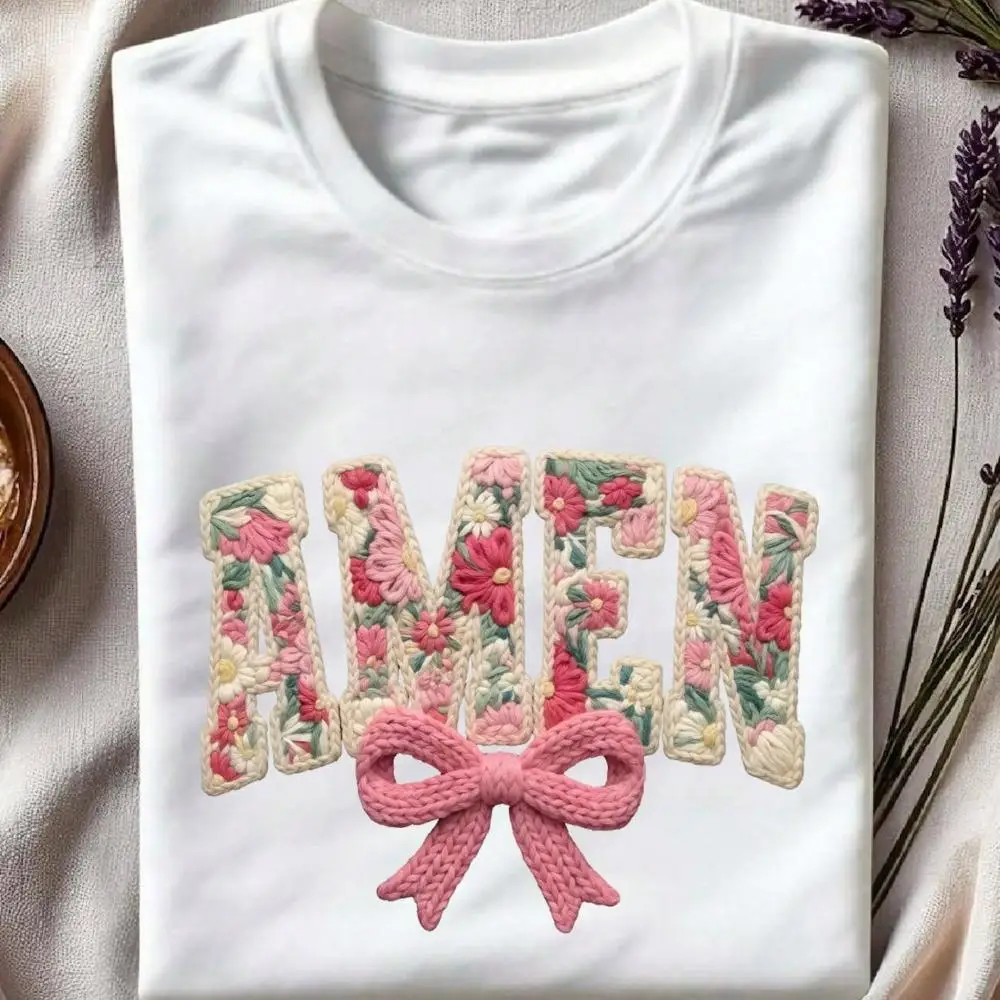 Coquette Amen Faux Yarn Crochet T-Shirt, Floral Christian Knitted Shirt, Retro Floral Religious Crew Neck, Boho Cottagecore Short Sleeve. GA420