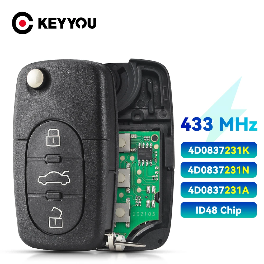 KEYYOU 2x Remote Car Key Fob 433MHz For Audi A6 1998 1999 2000 FCCID 4D0 837 231 K 4D0837231K ID48 Chip 3 Buttons