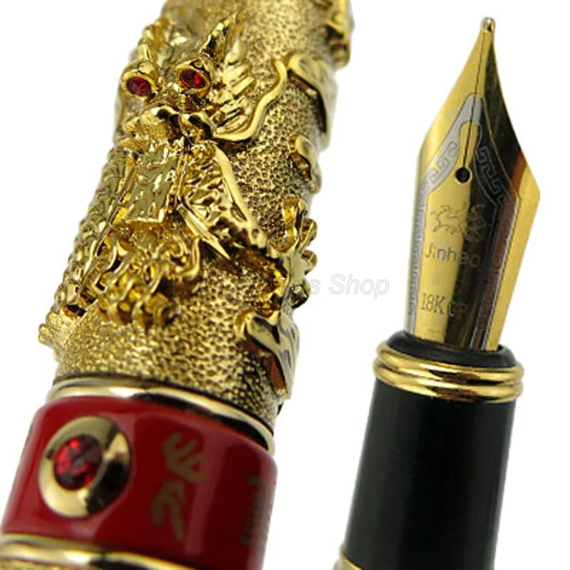 

Jinhao Golden And Red Double Dragon Playing Pearl Carving Embossing 0.7mm Nib Fountain Pen Professional Office Stationery