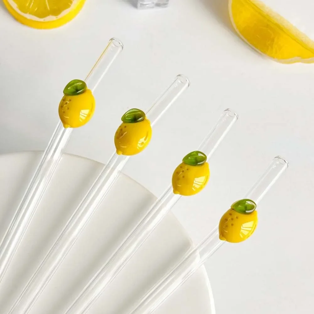 5Pcs Reusable Glass Straws Decorative with Lemon Shape Smoothie Cocktails Straw Kitchen Accessories Home Party Drinkware