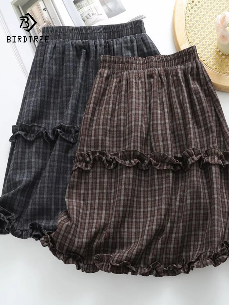 

Новая зимняя хлопковая шерстяная юбка 2025 года, женская клетчатая юбка с эластичной резинкой на талии и оборками в стиле пэчворк, французская свободная юбка трапециевидной формы Mori Girl B5D487CC