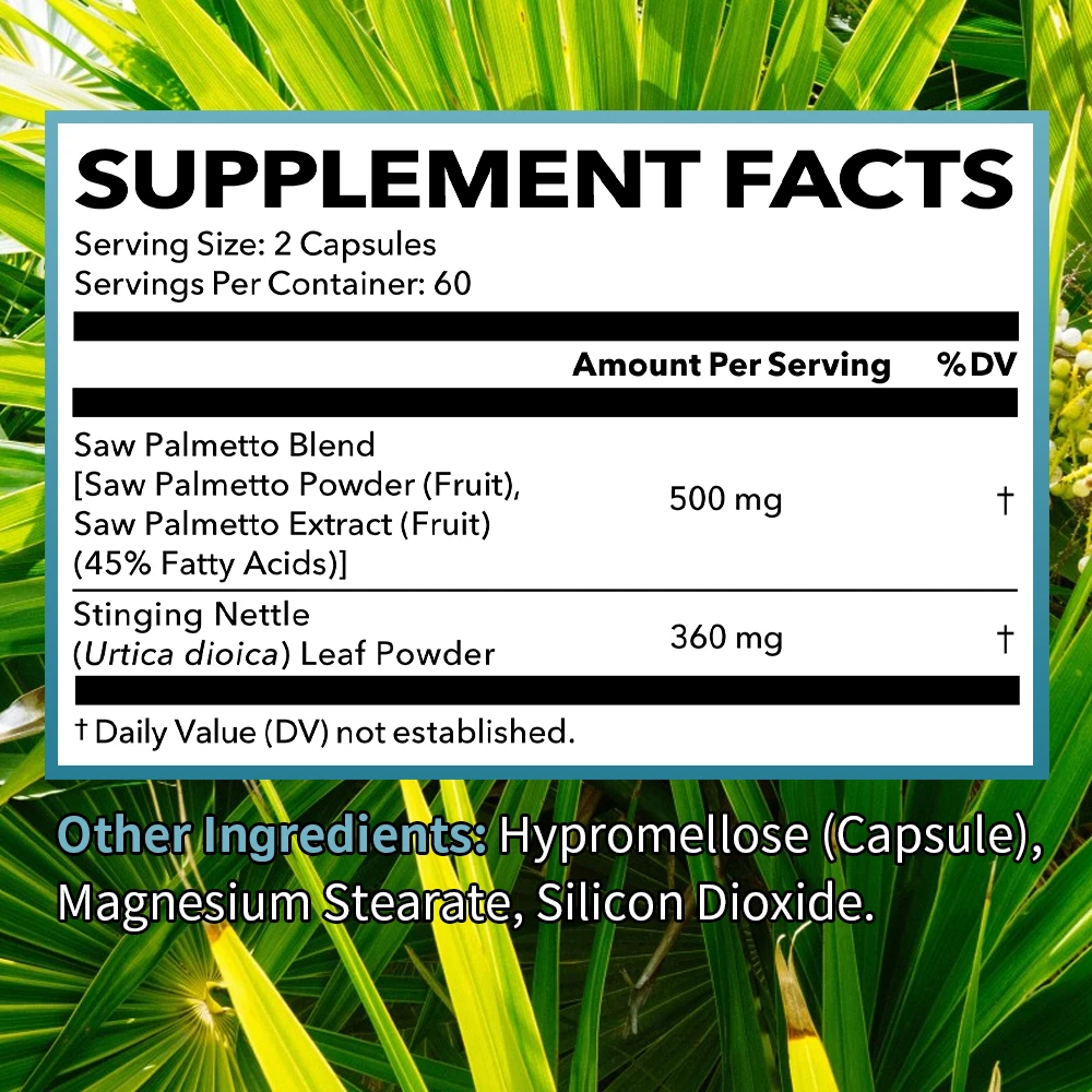 

Saw Palmetto Capsules - with Nettle + Pumpkin Seed, Supports Urinary and Prostate Health, Improves Sleep, Non-GMO
