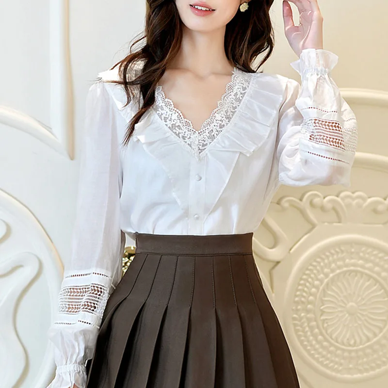 

Women Blouse Shirt New Long Sleeve V-Neck White Hollow Out Ruffles Blouse Shirt Women Tops Blouses Shirts Blusas Para Mujer Q741