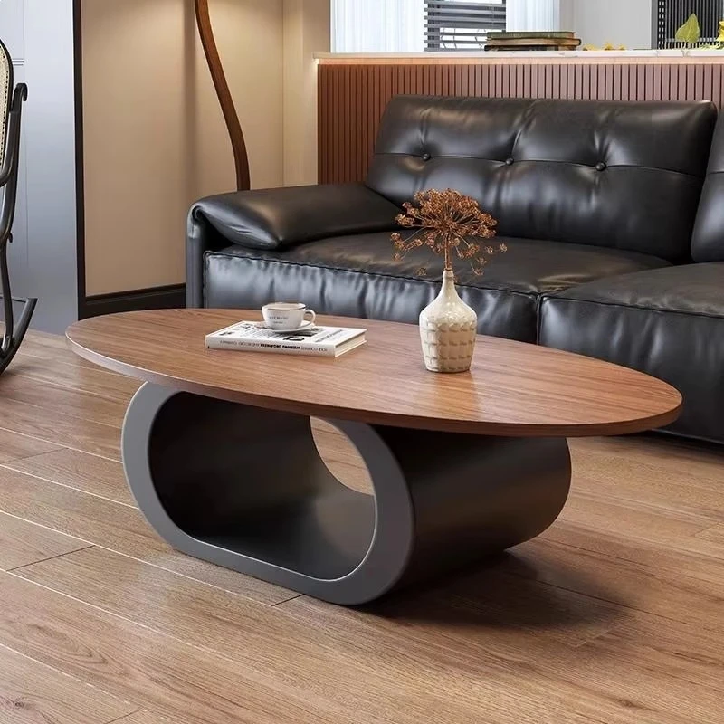 Modern solid wood coffee table walnut color oval multifunctional living room furniture