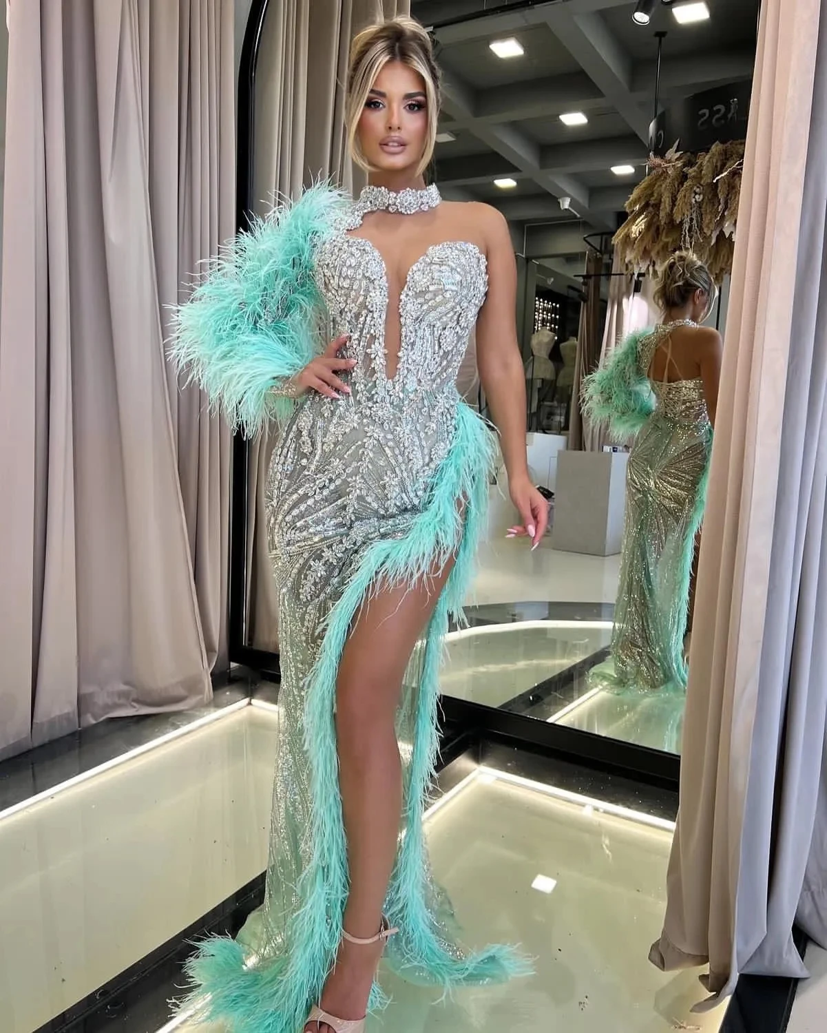 

Exquisite Crystal Beading Mermaid Prom Dresses Feather One Shoulder Side Split Evening Gowns Custom Made Robe De Soirée