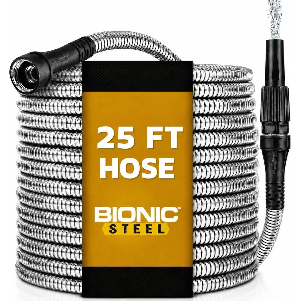 25 ft Metal Garden Hose with Sprayer Nozzle | Non-Kinking Design, Stainless Steel Heavy Duty Water Hose 25ft x 5/8 in. Flexible