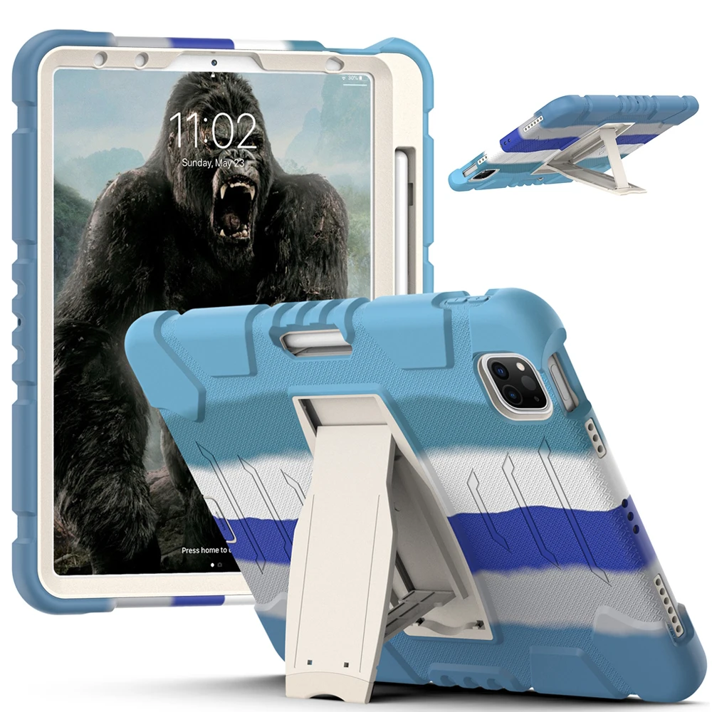 

For Apple iPad Pro 11 2018 2020 2021 2022 A2228 A2759 Case Kids Safe Armor Shockproof Hard PC Silicon Hybrid Stand Tablet Cover