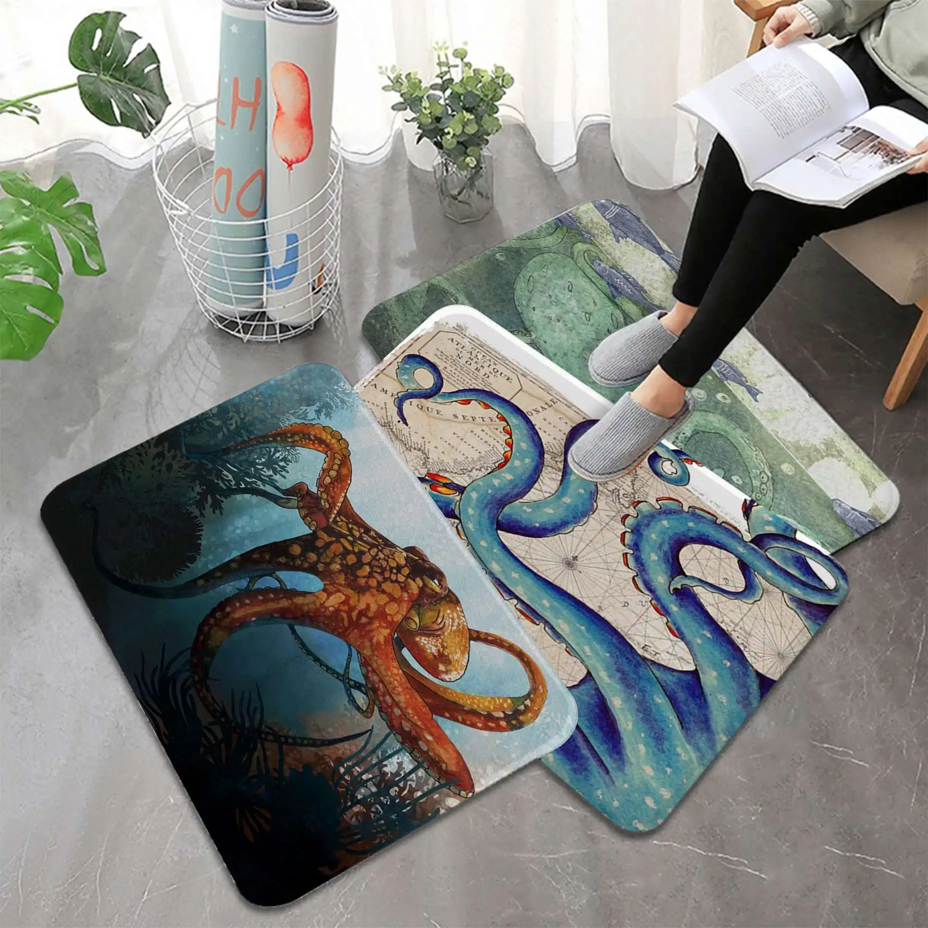 Ocean octopus print velvet floor mat Bathroom personalized decorative carpet non-slip living room kitchen entry welcome door mat