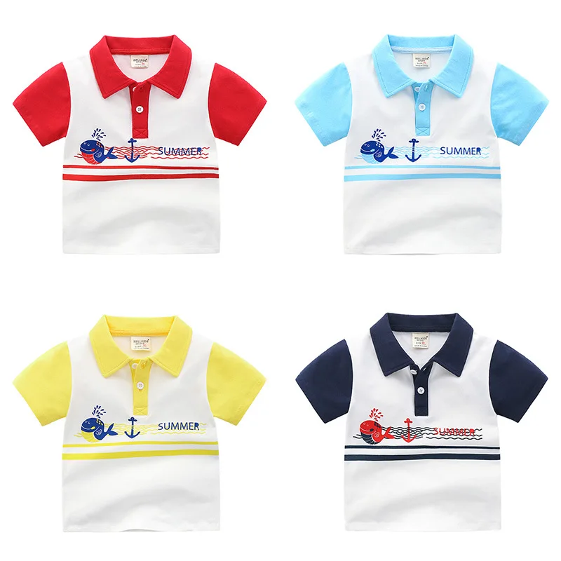 Summer Boys Short Sleeve Casual Breathable Cotton Striped T-shirt, Kids Printed Cartoon Polo Shirt Top 3-8 Years Optional