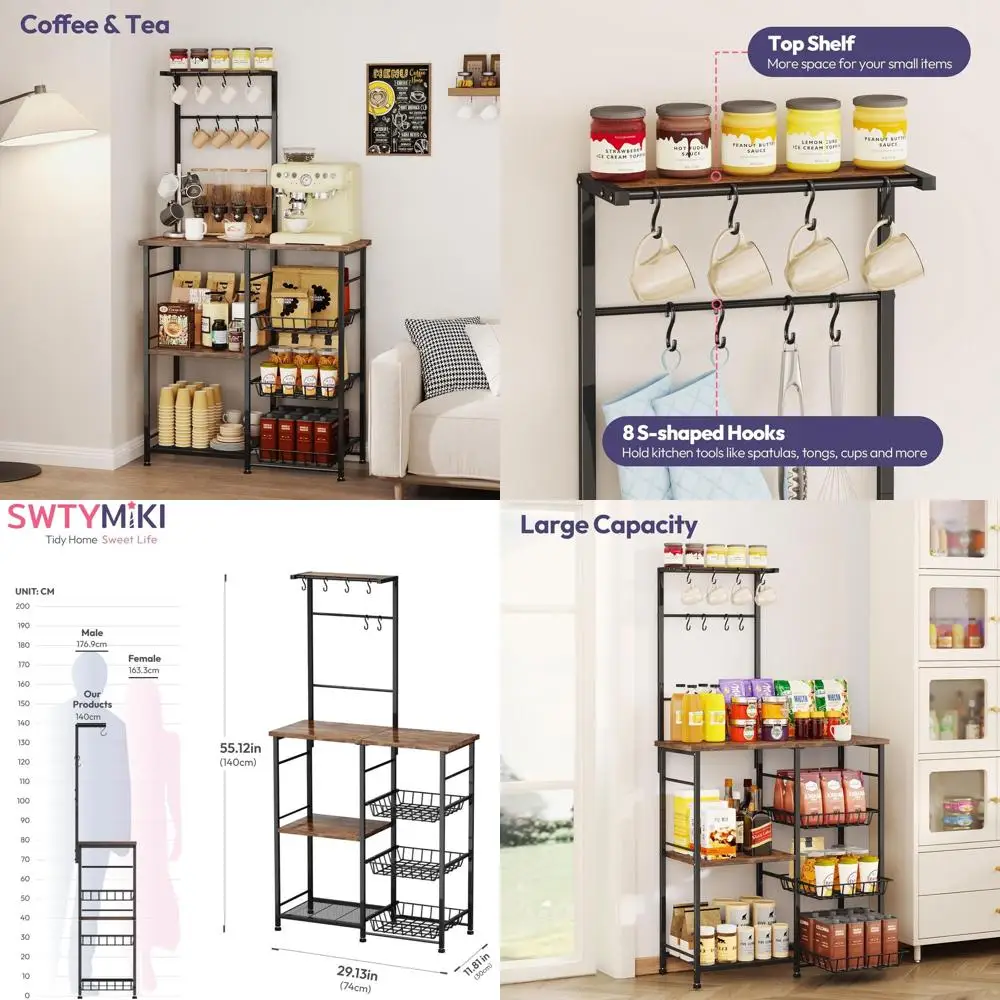 

Стеллаж для хранения кофейных принадлежностей с полками, крючками и корзинами для организации эспрессо на кухне и в столовой