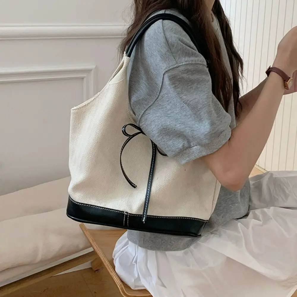 

Portable Korean Style Canvas Tote Bag Handbag Pu Leather Cloth Bow Shoulder Bag Underarm Bag Pure Color Travel