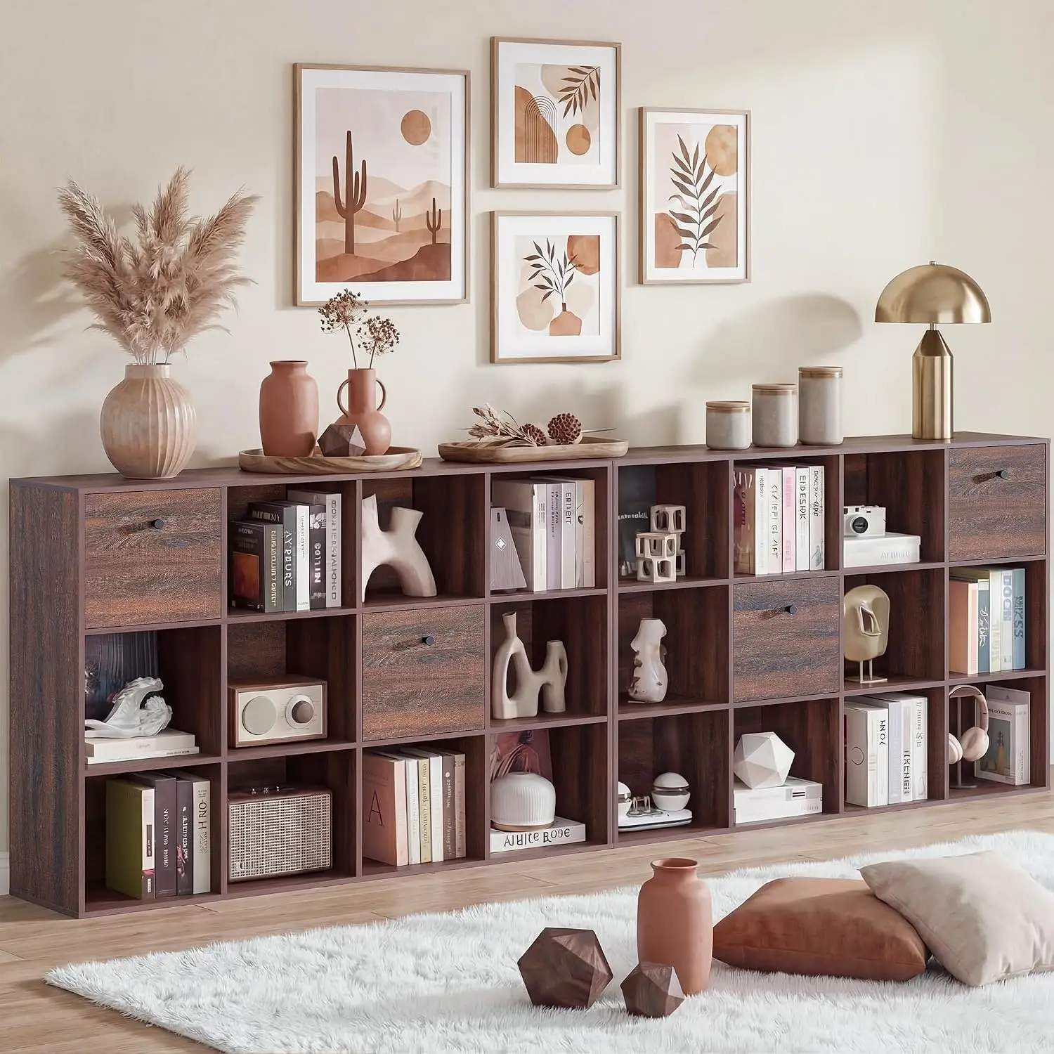 Walnut 12 Cube Storage Organizer & Bookshelf With 2 Fabric Drawers, 3 Tier Shelf For Bedroom Living Room Office, Customized