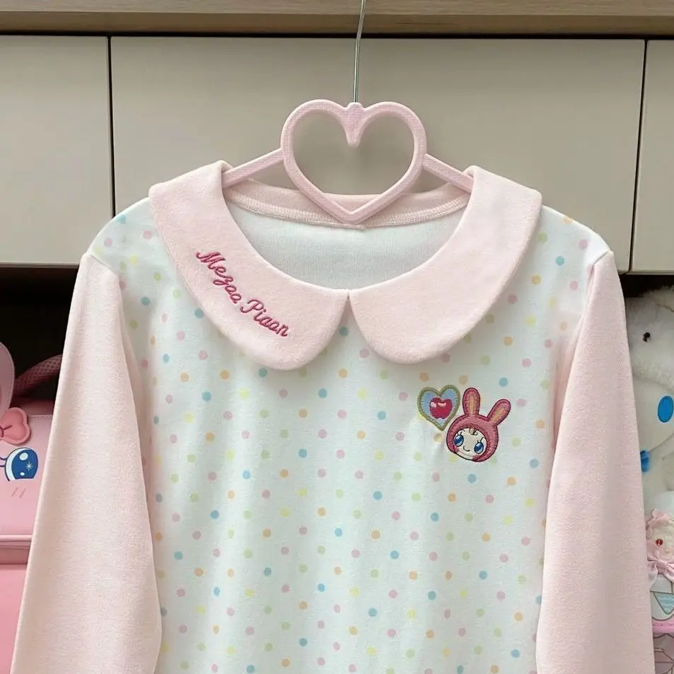 Kawaii Polka Dot T-Shirt with Peter Pan Collar Cute Cartoon Bunny Pink Sweet Aesthetic Top Loli Style Students Girls Japanese