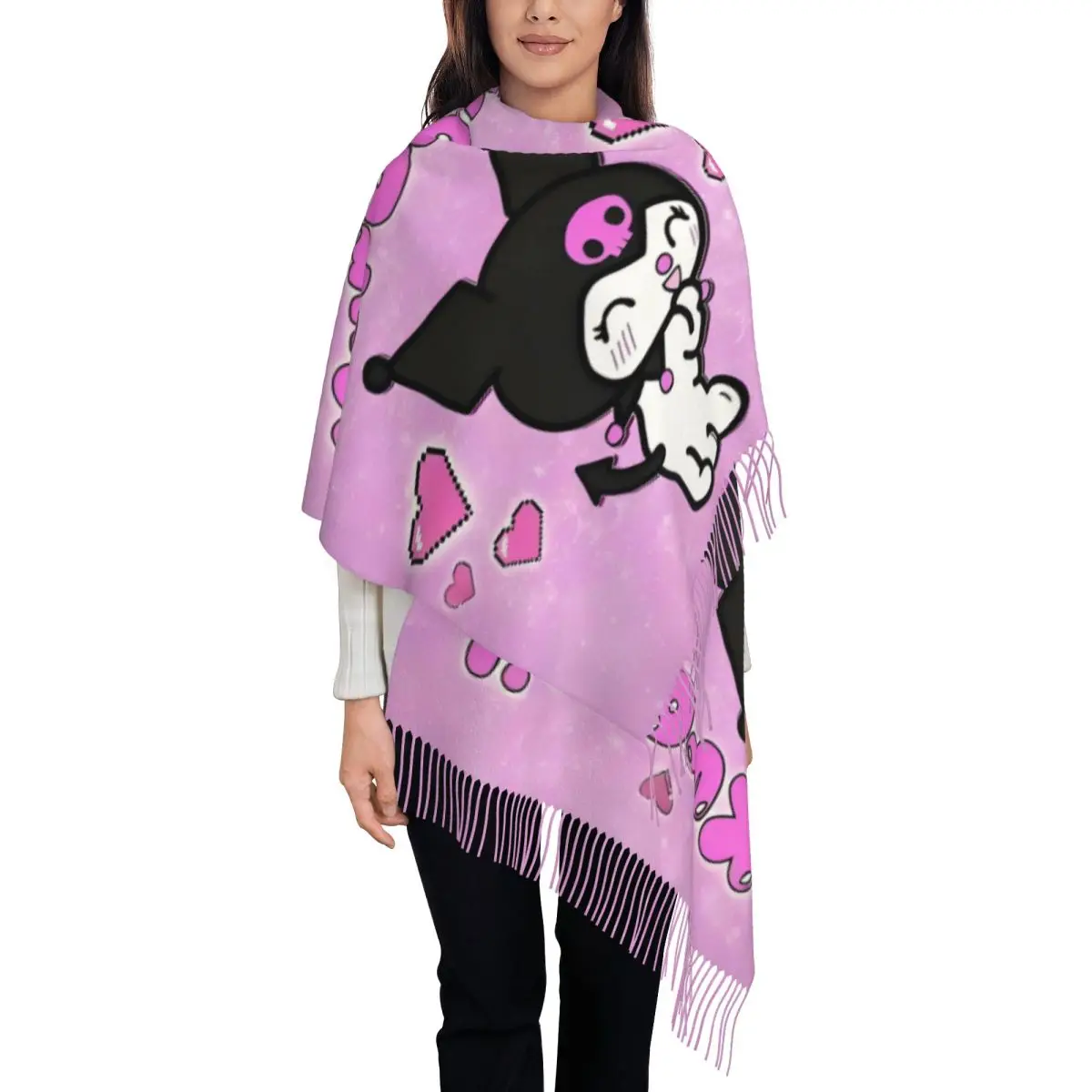 

Женские длинные шарфы Sanrio в стиле аниме Kuromi с героями мультфильмов, женские зимне-осенние толстые теплые шаль с кисточками, шарф с черепом Kawaii