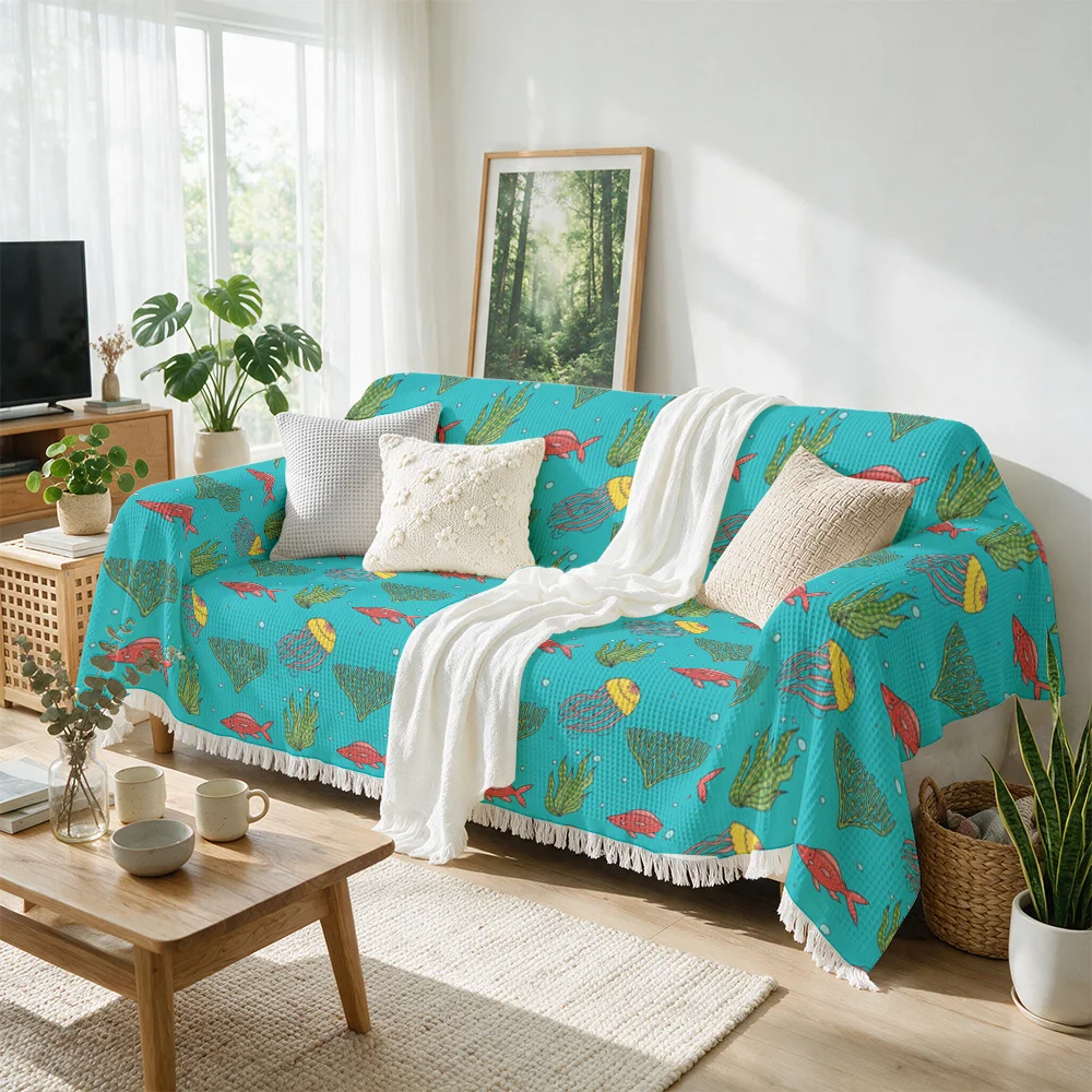 Decorative Tropical Fish Pattern Throw Blanket for Sofa Couch Home Decor Coastal Nautical Throw Cover Textile Accent