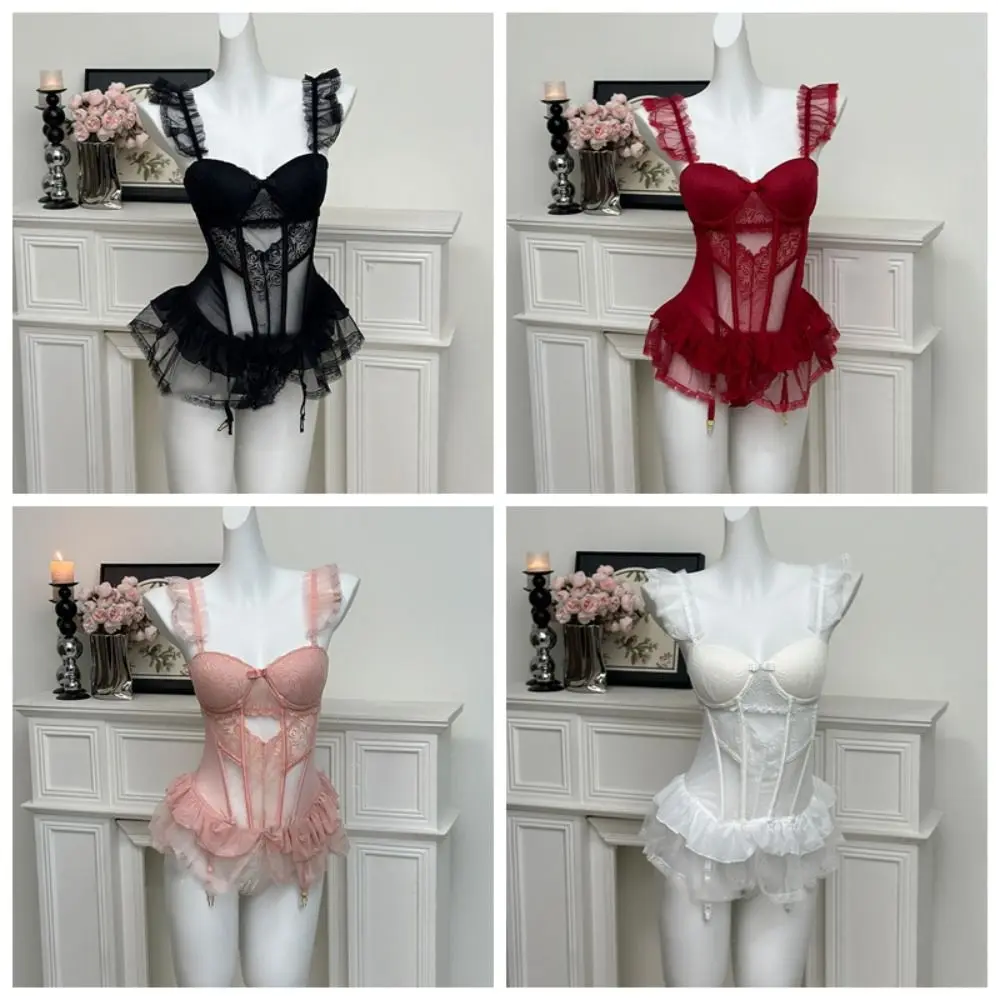 

Fashion Bow Flower Lace Nightgown Ruffle Women Lingerie Camisole Nightwear Sweet Transparent Mesh Nightdress Women