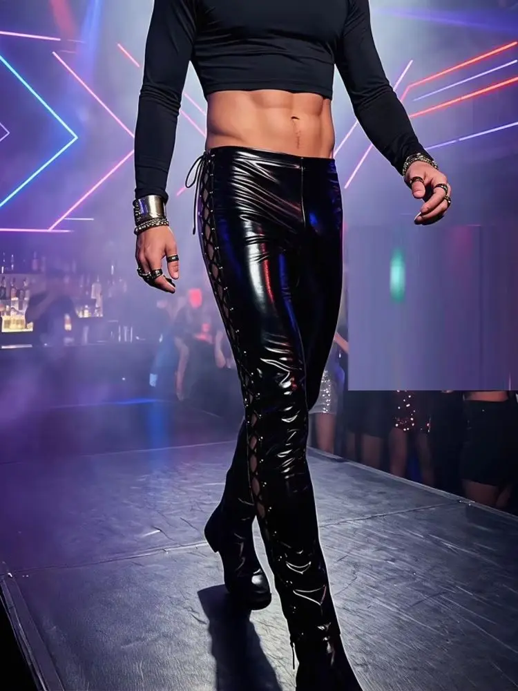 Lace Up Bandage Reversible Wet Look PVC Legging Shiny Matt Double Sided PU Leather Pancil Pants Tight Pantalon Spodnie Trousers