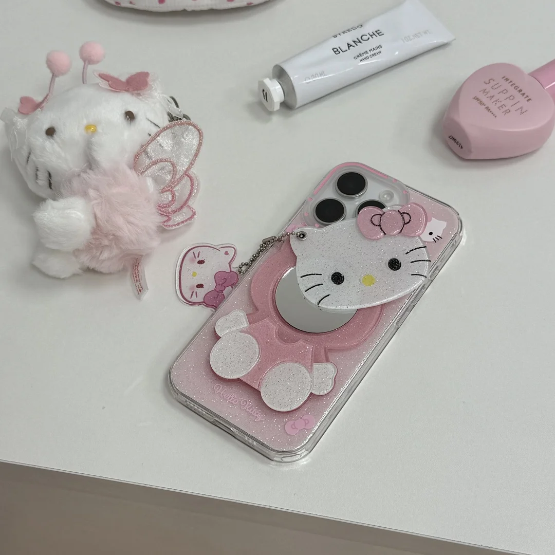 Kawaii الكرتون مرحبا كيتي رئيس KT الدورية مرآة جراب هاتف آيفون 16 15 14 برو ماكس بريق للصدمات سيليكون غطاء ناعم