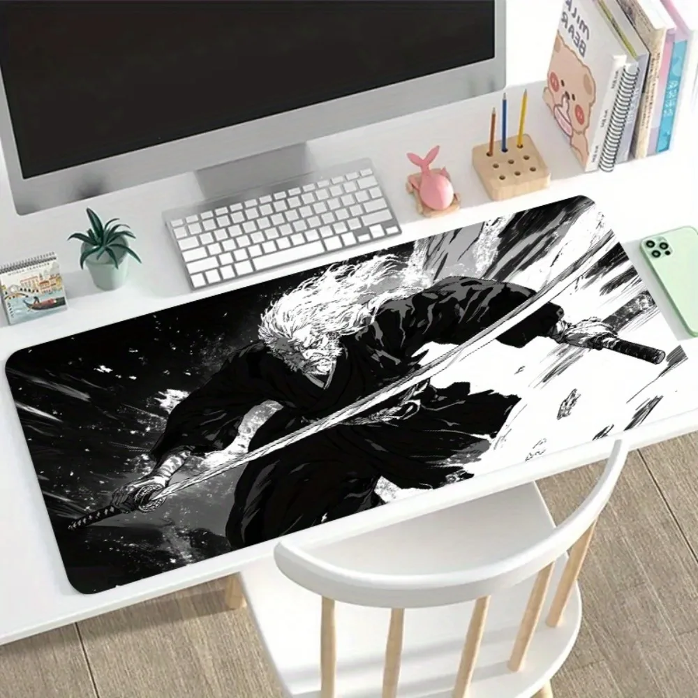 Extra-Large White Samurai Swordfight Gaming Mouse Pad, Non-Slip Washable Rubber Office PC Decor Desk Mat